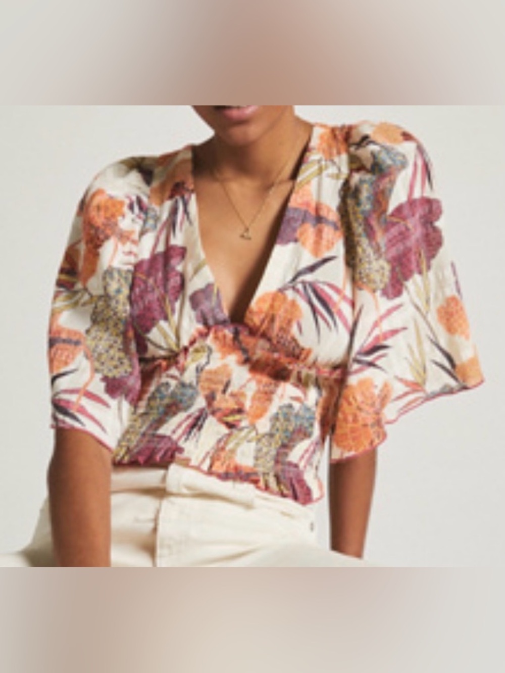 Anthropologie Small Plunging Smocked Kimono Blouse Floral Ethereal Peasant